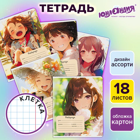 Тетрадь 18 л. ЮНЛАНДИЯ, клетка, обложка картон, GIRLS, 107299