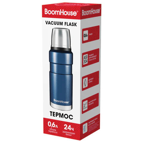 Термос 0,6 л, BOOMHOUSE (БУМХАУС) DARKBLUE, нержавеющая сталь SUS304, молотковая эмаль, крышка/кружка, синий, 700309