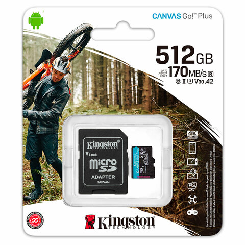 Карта памяти microSDXC 512 GB KINGSTON Canvas Go Plus, UHS-I U1, 170 Мб/с (class 10), с адаптером, SDCG3/512Gb