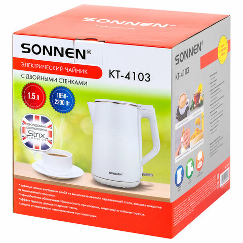Чайник электрический с двойными стенками SONNEN KT-4103, 1,5 л, 2200 Вт, белый, 456376