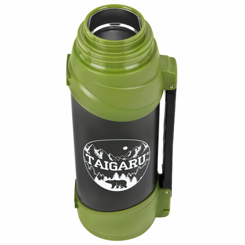 Термос классический, нержавеющая сталь, 2 л, черно-оливковый, 2 кружки, ручка + ремешок, TAIGARU (ТАЙГАРУ), 608816