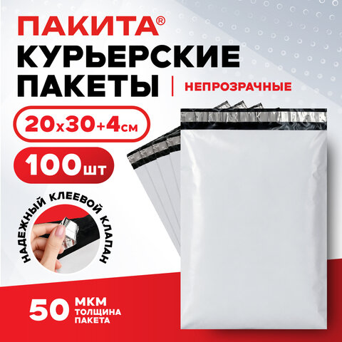Курьерский пакет с клеевым краем, без кармана, КОМПЛЕКТ 100 шт., 20х30+4 см, ПВД 50 мкм, ПАКИТА, 703246