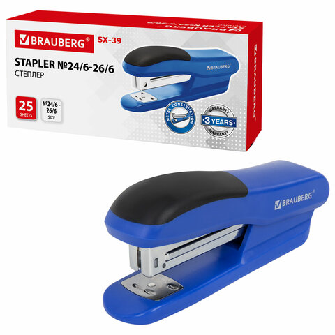 Степлер №24/6, 26/6 BRAUBERG "SX-39", до 25 листов, синий, 228591