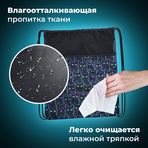 Мешок для обуви BRAUBERG БОЛЬШОЙ, с ручкой, карман на молнии, сетка, 49х41 см, "Cats", 271059