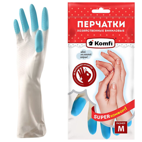 Перчатки МНОГОРАЗОВЫЕ виниловые SUPER КОМФОРТ, гипоаллергенные, размер 7-8, M (средний), вес 88 г, Komfi, ADM, 25590