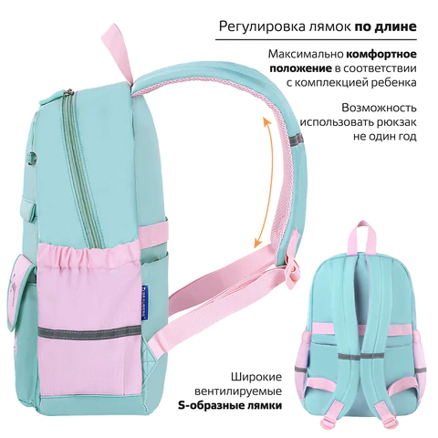 Рюкзак BRAUBERG PASTEL с термонашивками в комплекте, "Funny clouds", мятный, 40х29х14 см, 271421