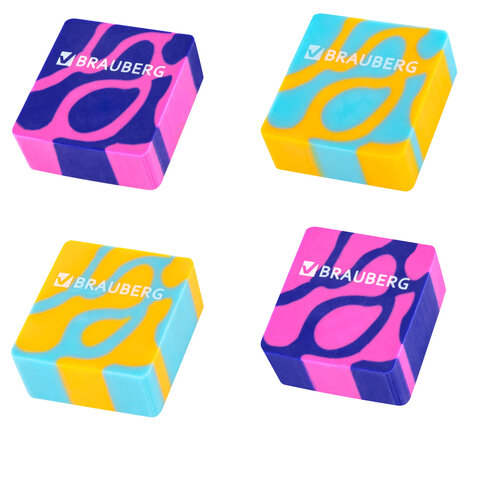 Ластик BRAUBERG "CLARITY", 34х34х14 мм, квадратный, экологичный ПВХ, ассорти, 272732