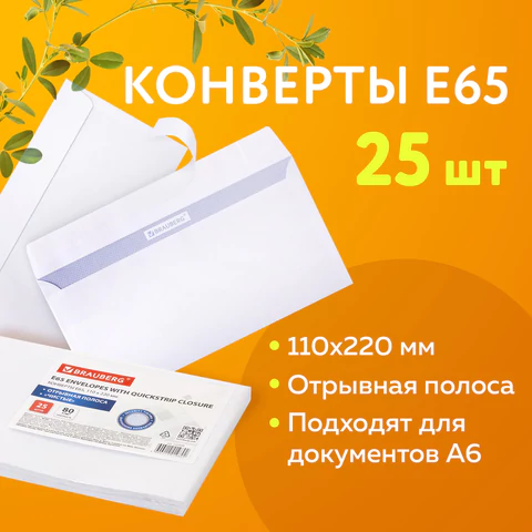 Конверты Е65 (110х220 мм), отрывная лента, 80 г/м2, КОМПЛЕКТ 25 шт., внутренняя запечатка, BRAUBERG, 122449