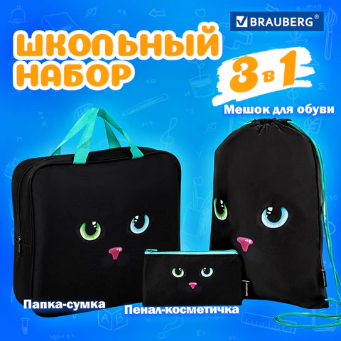 Папка на молнии с ручками А4, мешок для обуви 42х33 см, пенал 20х10 см, "Black cat" НАБОР BRAUBERG, 271434