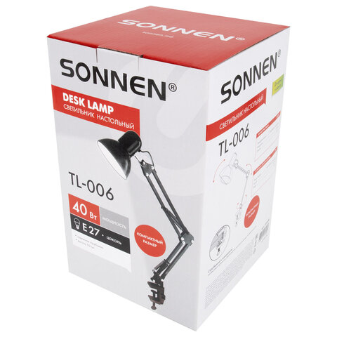 Настольная лампа-светильник SONNEN TL-006, струбцина, 40 Вт, Е27, черный, высота 50 см, 237648