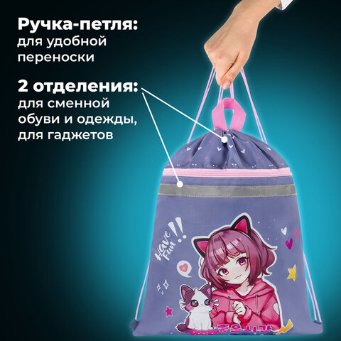 Мешок для обуви BRAUBERG, с петлей, светоотражающая полоса, 2 отделения, 46х36 см, "Друзья навсегда", 272398