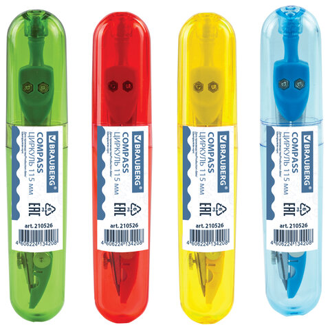 Циркуль с защитным колпачком BRAUBERG "Klasse", 115 мм, пластиковый пенал, ассорти, дисплей, 210526