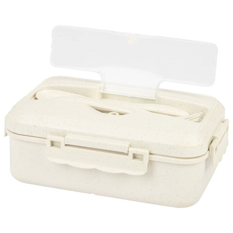 Ланч-бокс контейнер, 1 секция, 3 отделения, 1,4 л, ложка, вилка, 8х21х14 см, бежевый, JOYLUX (ДЖОЙЛЮКС) ECO, 609346