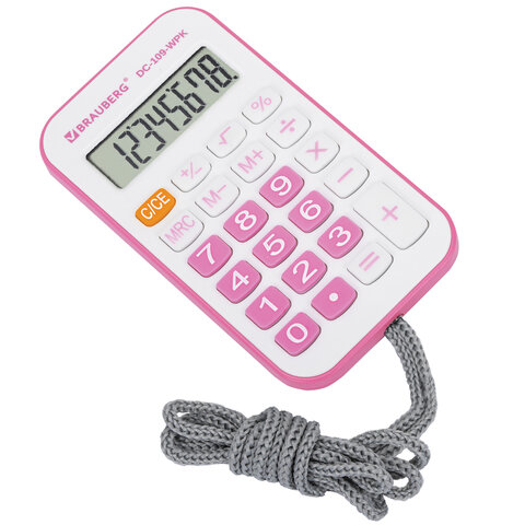 Калькулятор карманный со шнурком BRAUBERG DC-109-WPK (61x110 мм), 8 разрядов, БЕЛЫЙ/РОЗОВЫЙ, 272646