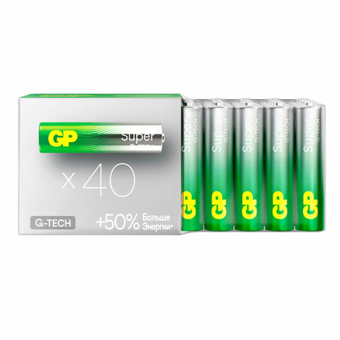 Батарейки GP Super, AAA (LR03, 24А), алкалиновые, мизинчиковые, КОМПЛЕКТ 40 шт., 24A-2CRVS40, GP 24A-2CRVS40