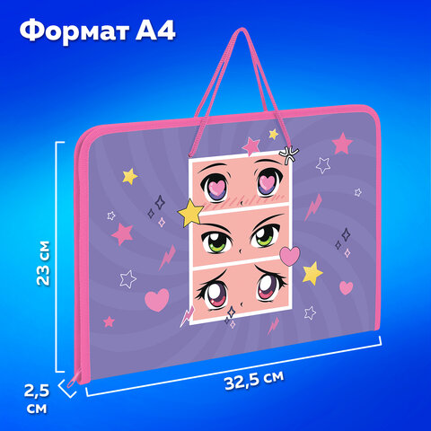 Папка для труда на молнии с ручками ПИФАГОР А4, 1 отделение, пластик, органайзер, "Anime eyes", 272228