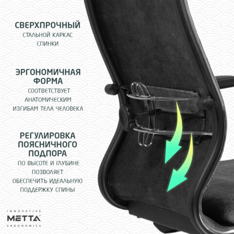 Кресло офисное МЕТТА "L1m 42/2D", хром, 2D-подлокотники, сиденье и спинка мягкие, велюр, темно-серое