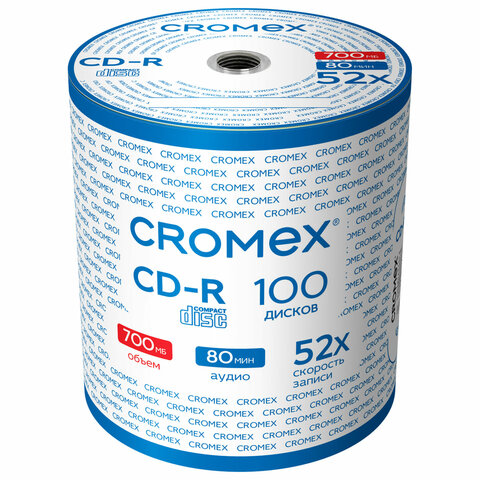 Диски CD-R CROMEX (КРОМЕКС), 700 Mb, 52x, Bulk (термоусадка без шпиля), КОМПЛЕКТ 100 шт., 513779