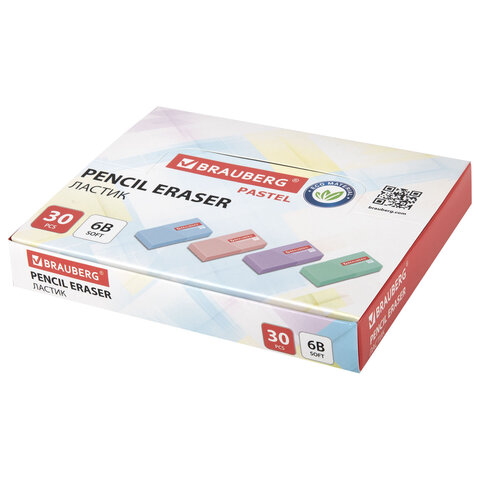 Ластик BRAUBERG "PASTEL MATTE", 50х24х10 мм, прямоугольный, картонный держатель, экологичный ПВХ, ассорти, 272729