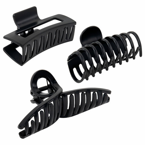 Крабы для волос НАБОР 3 шт., 8,5 см / 8,5 см / 11 см, soft-touch, чёрный, MONTE VITA (МОНТЕ ВИТА), 457032