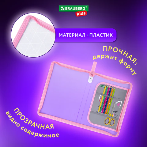 Папка для труда на молнии BRAUBERG KIDS А4, 1 отделение, прозрачная, органайзер, "Tiny cutie", 273397