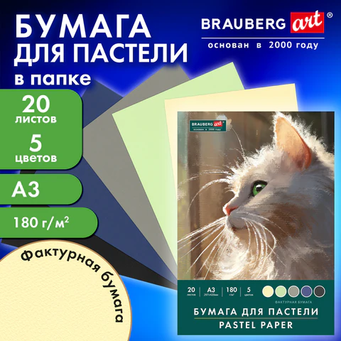 Бумага для пастели БОЛЬШАЯ А3 в папке, 20 листов, 5 цветов, 180 г/м2, BRAUBERG ART CLASSIC, 116346
