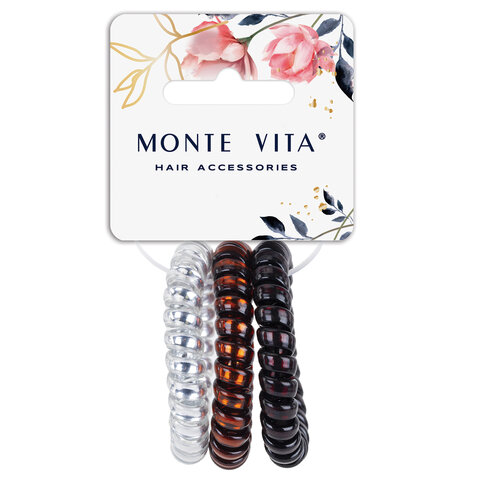 Резинки для волос НАБОР 3 шт., диаметр 5,5 см, пружинка, чёрный, серебристый, коричневый, MONTE VITA (МОНТЕ ВИТА), 457057