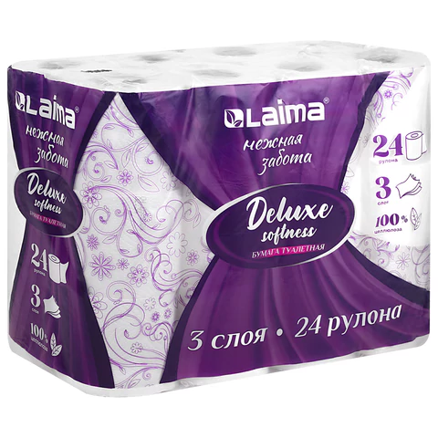 Бумага туалетная 3-х слойная, 24 рулона (24х16,5 м), LAIMA Deluxe, 100% целлюлоза, 115397