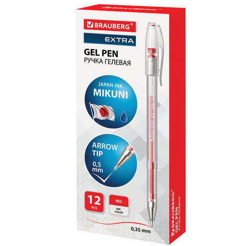 Ручка гелевая BRAUBERG "EXTRA", КРАСНАЯ, корпус прозрачный, узел 0,5 мм, линия 0,35 мм, 143903