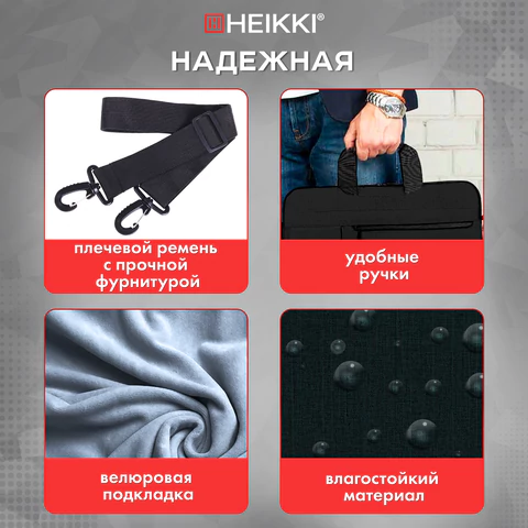Сумка портфель HEIKKI NOVATION (ХЕЙКИ) с отделением для ноутбука 13-14", багажная лента, черная, 28х38х3 см, 272594