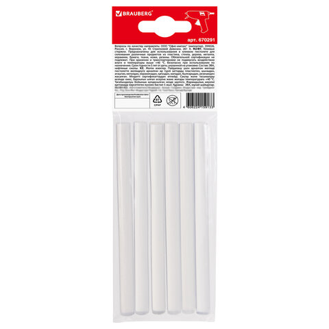 Клеевые стержни, диаметр 7 мм, длина 100 мм, прозрачные, комплект 6 шт., BRAUBERG, европодвес, 670291