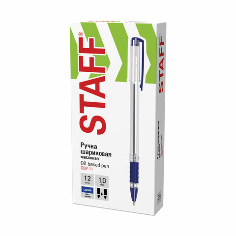 Ручка шариковая масляная с грипом STAFF "Basic OBP-11", СИНЯЯ, узел 1 мм, линия письма 0,5 мм, 143744
