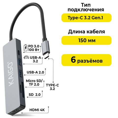 USB-хаб KG-153A, Type-C 3.2, в/с, 6 в 1, 1хUSB-A 3.2, 1xUSB-A 2.0, 2xSD/TF 2.0, 1xHDMI,1xType-C PD 3.0, 150 мм, серый, KAIGO (КАЙГО), 355068