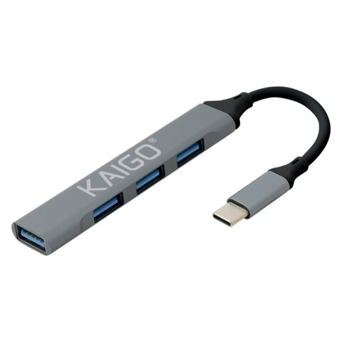 Хаб-разветвитель KG-088A, Type-C 3.2, высокоскоростной, 4 в 1, 1 х USB-A 3.2, 3 x USB-A 2.0, 60 мм, серый, KAIGO (КАЙГО), 355063
