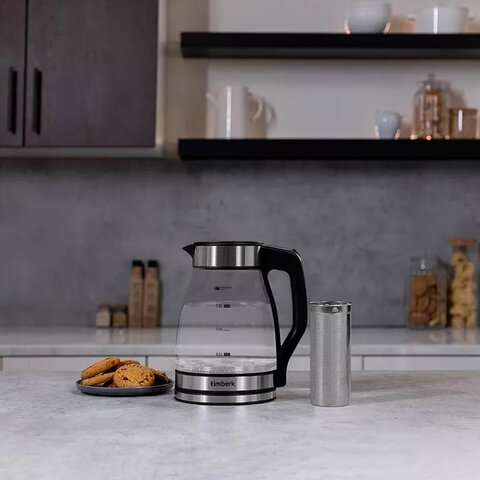 Чайник со съемным заварником TIMBERK T-EK27G02, 1,5 л, 1800 Вт, закрытый нагревательный элемент, стекло, стальной