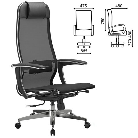 Кресло офисное МЕТТА "К-4-Т" хром, прочная сетка, сиденье и спинка регулируемые, черное