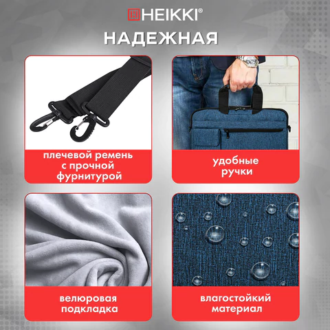 Сумка портфель HEIKKI NOVATION (ХЕЙКИ) с отделением для ноутбука 13-14", багажная лента, синяя, 28х38х3 см, 272593