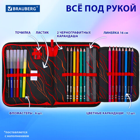 Пенал BRAUBERG с наполнением, 1 отделение, 1 откидная планка, 24 предмета, 21х14 см, "Fire dino", 273535
