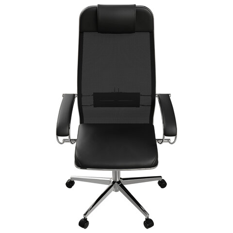 Кресло офисное МЕТТА "ErgoLife" Comfort, хром, сиденье мягкое, ткань-сетка/экокожа, черное