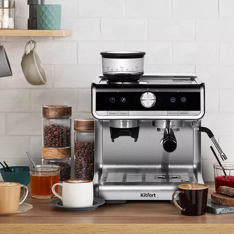 Кофейная станция KITFORT КТ-789, 1550 Вт, объем 2,8 л, для зерен 250 г, ручной капучинатор, серая