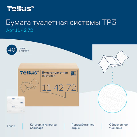 Бумага туалетная Tellus/TORK (Система Т3) UNIVERSAL, КОМПЛЕКТ 40 шт., листовая, 250 л., 11х23 см, 1-слойная, 114272