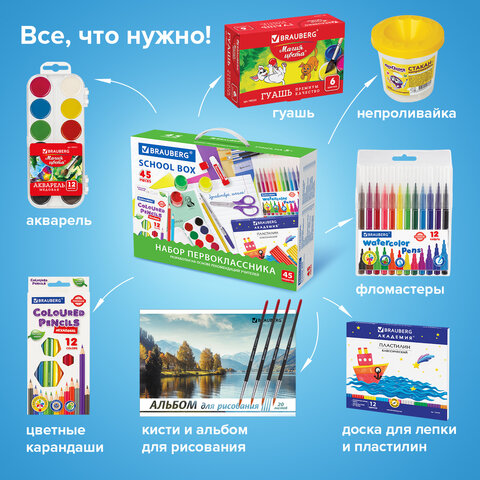 Набор школьных принадлежностей в подарочной коробке BRAUBERG "НАБОР ПЕРВОКЛАССНИКА", 45 предметов, 880122