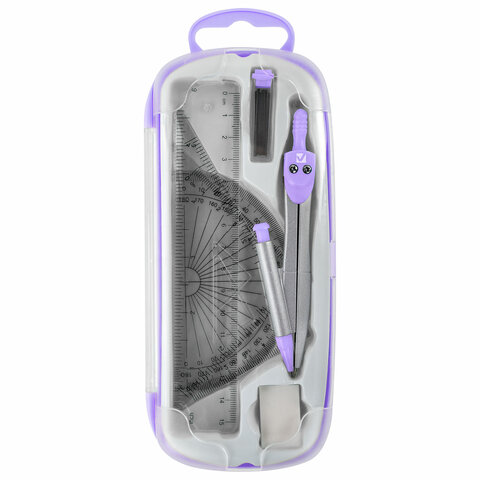 Готовальня BRAUBERG SCHOOL KIT, 9 предметов, циркуль 125 мм, чертежные принадлежности, лаванда, 210713