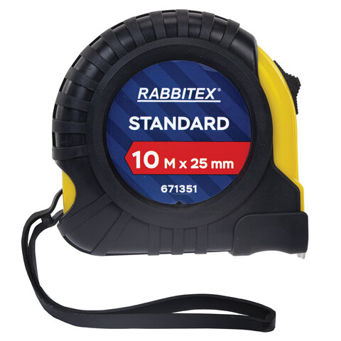 Рулетка измерительная 10 м х 25 мм, обрезиненный корпус, с фиксатором, RABBITEX (РАББИТЕКС) Standard, 671351