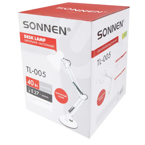 Настольная лампа-светильник SONNEN TL-005, подставка, 40 Вт, Е27, белый, высота 50 см, 237647