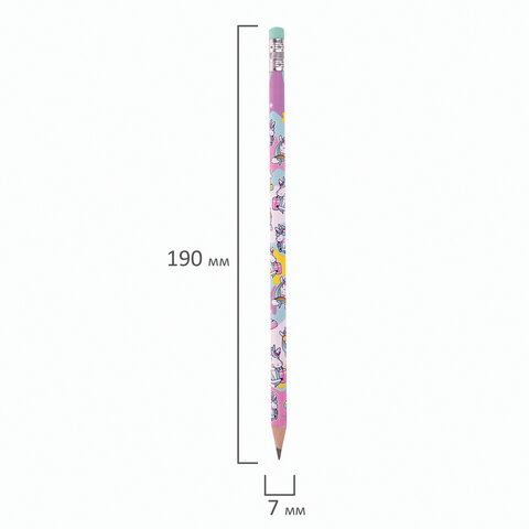 Карандаш чернографитный ЮНЛАНДИЯ "ЕДИНОРОГИ", 1 шт., HB, с ластиком, корпус ассорти, 181780