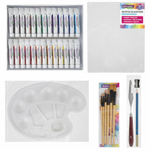 Краски акриловые художественные 36 шт. по 12 мл, холсты 3 шт., кисти 6 шт., аксессуары, 50 предметов, BRAUBERG HOBBY, 192545