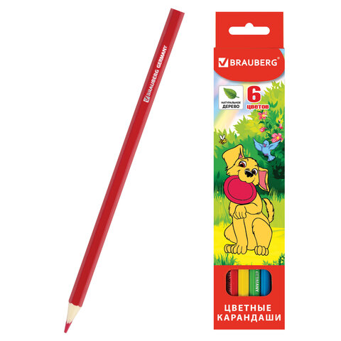 Карандаши цветные BRAUBERG "My lovely dogs", 6 цветов, шестигранные, грифель 3 мм, натуральное дерево, 180518
