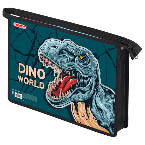 Папка для тетрадей ПИФАГОР А4, 1 отделение, картон/пластик, на молнии, "Dino world", 272131