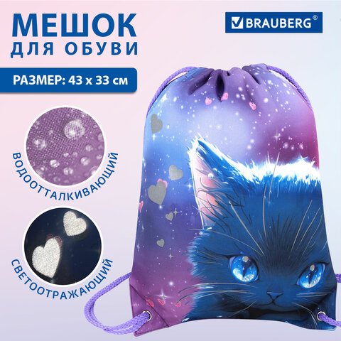 Мешок для обуви BRAUBERG PREMIUM, карман, подкладка, светоотражайка, 43х33 см, Anime cat, 272421